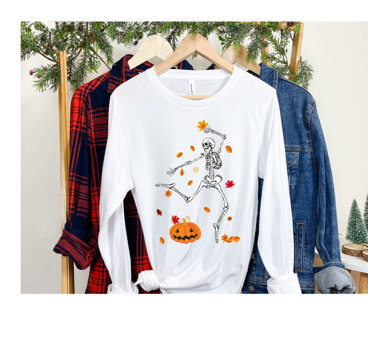 Skeleton Long Sleeve, Fall Pumpkin Tee, Halloween Thanksgiving Shirt for Women