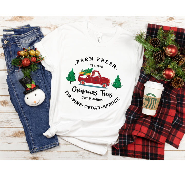 Farm Fresh Christmas Trees Red Truck Shirt | Vintage Christmas Family Tee