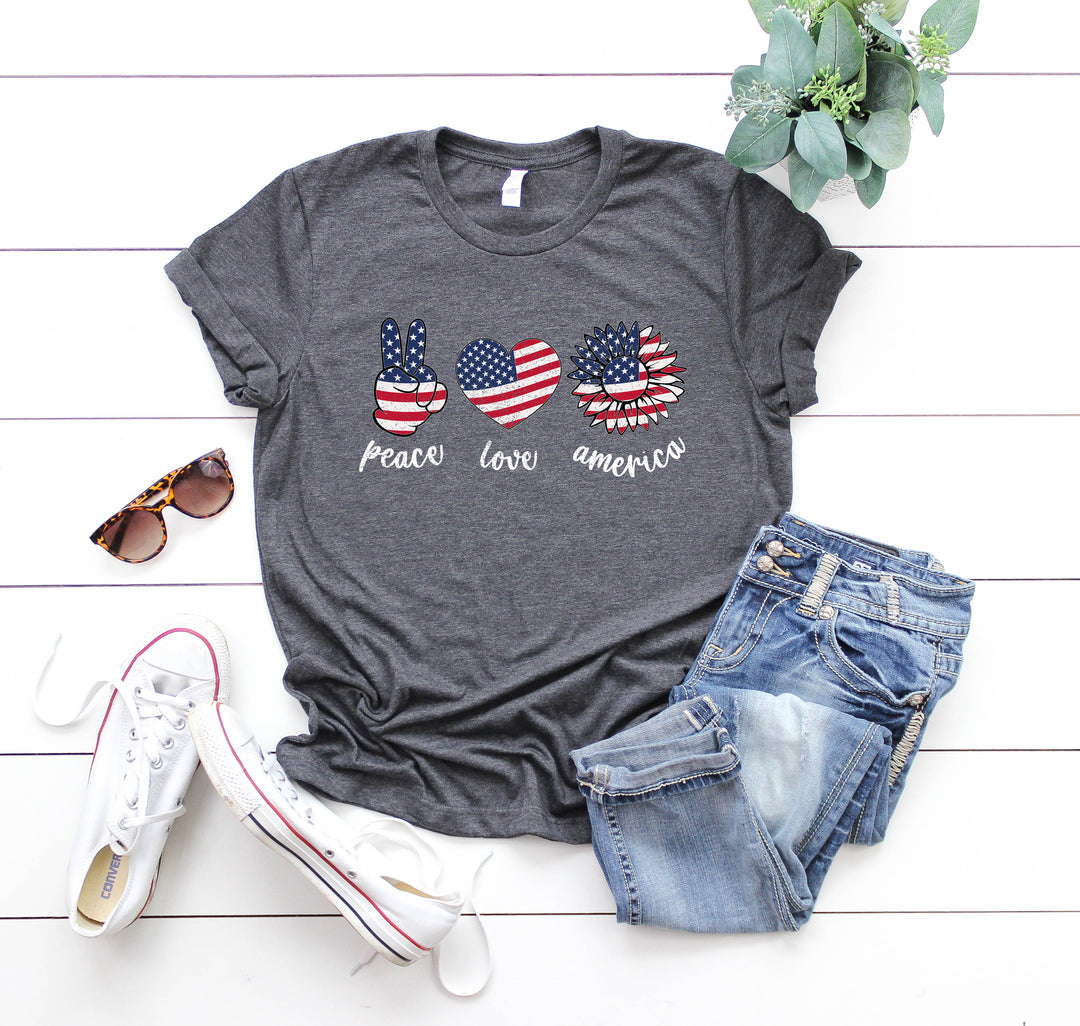 Peace Love America Shirt - USA Flag & Sunflower Patriotic 4th of July Tee