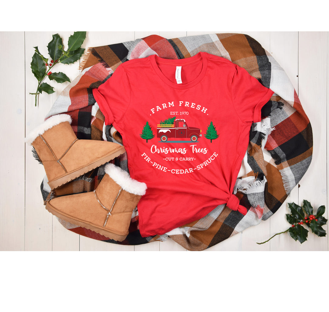 Farm Fresh Christmas Trees Red Truck Shirt | Vintage Christmas Family Tee