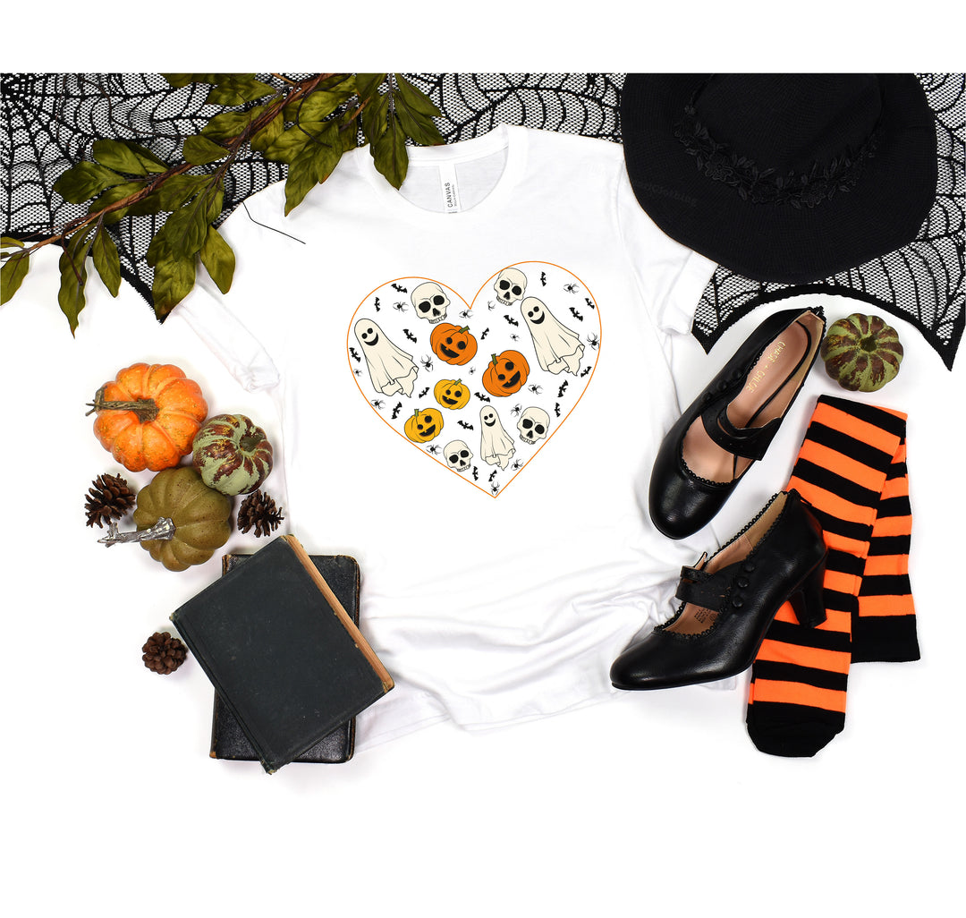 Kids Halloween Heart Shirt | Cute Ghost & Pumpkin | Funny Fall Costume Tee