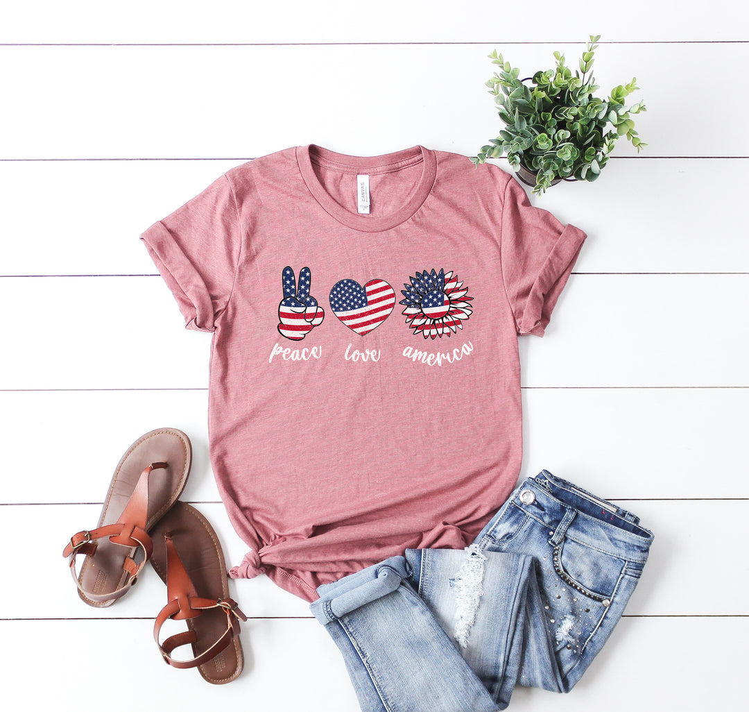 Peace Love America Shirt - USA Flag & Sunflower Patriotic 4th of July Tee