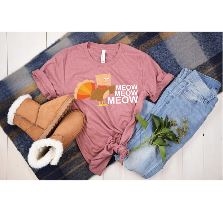 Meow Meow Funny Turkey Thanksgiving Shirt | Thanksgiving Cat Family Tee