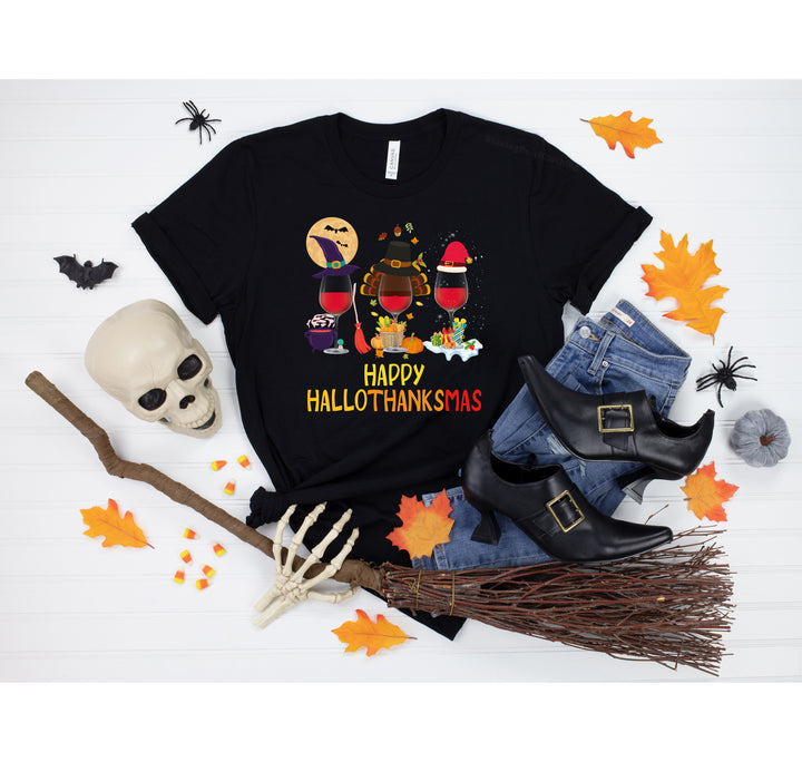 Happy HalloThanksMas Wine Shirt | Funny Holiday Shirt