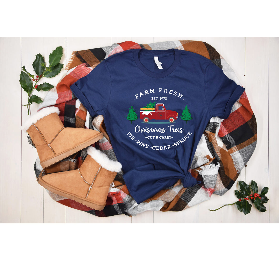 Farm Fresh Christmas Trees Red Truck Shirt | Vintage Christmas Family Tee