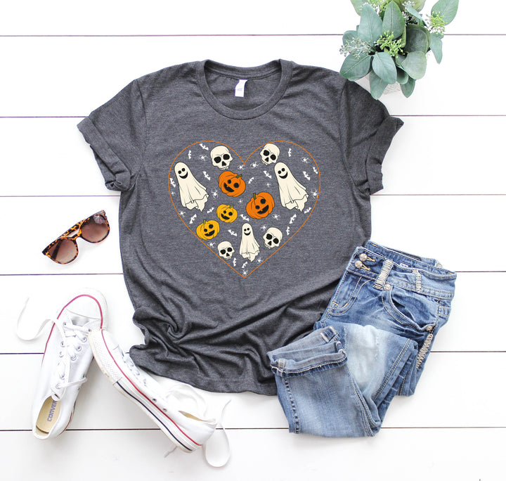 Kids Halloween Heart Shirt | Cute Ghost & Pumpkin | Funny Fall Costume Tee