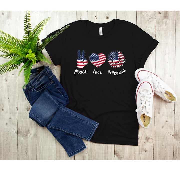 Peace Love America Shirt - USA Flag & Sunflower Patriotic 4th of July Tee