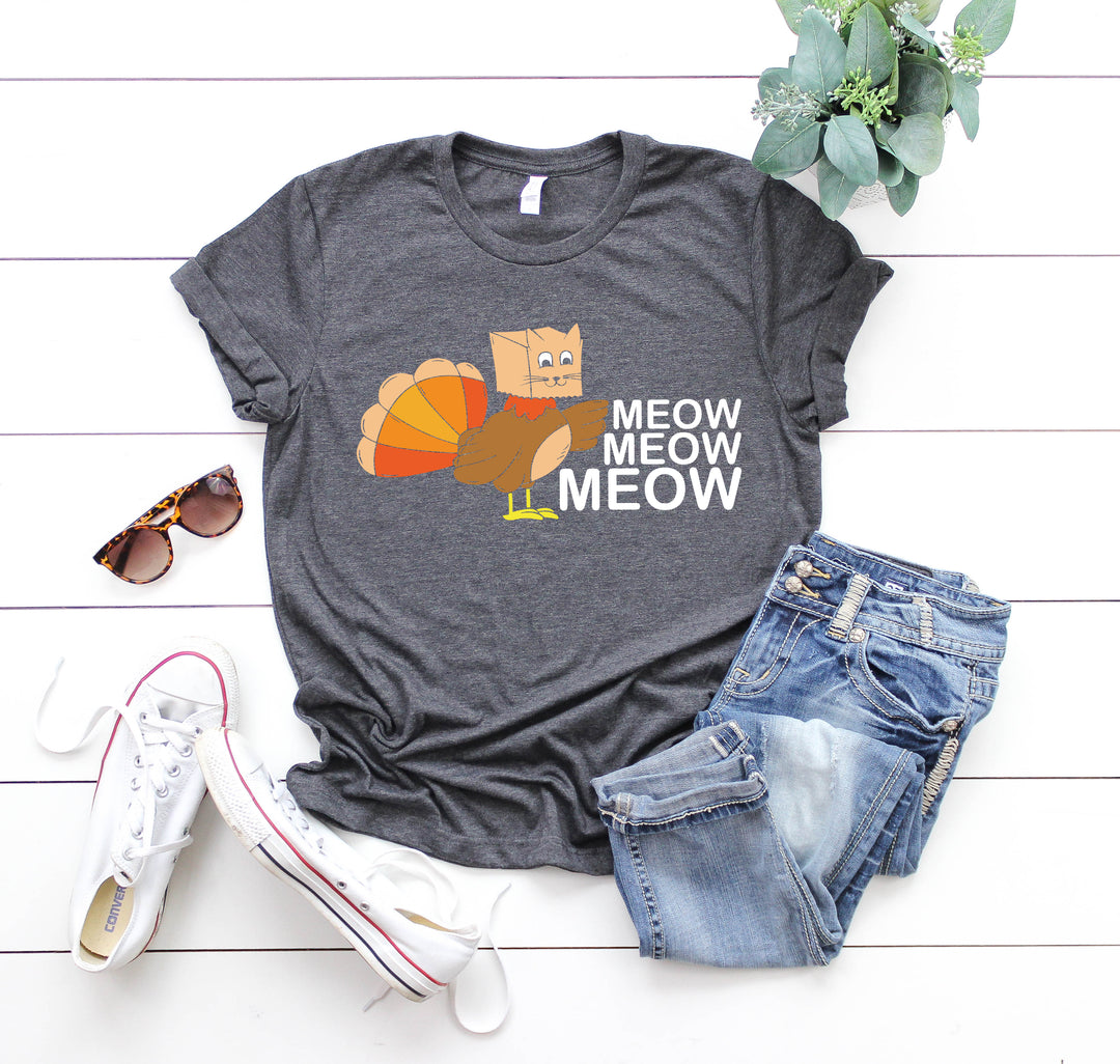 Meow Meow Funny Turkey Thanksgiving Shirt | Thanksgiving Cat Family Tee