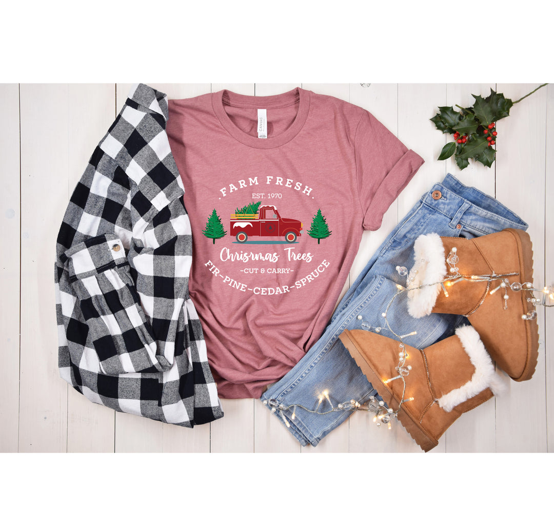 Farm Fresh Christmas Trees Red Truck Shirt | Vintage Christmas Family Tee