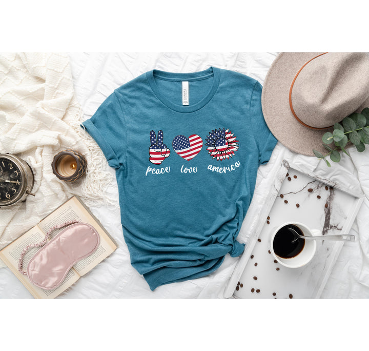 Peace Love America Shirt - USA Flag & Sunflower Patriotic 4th of July Tee