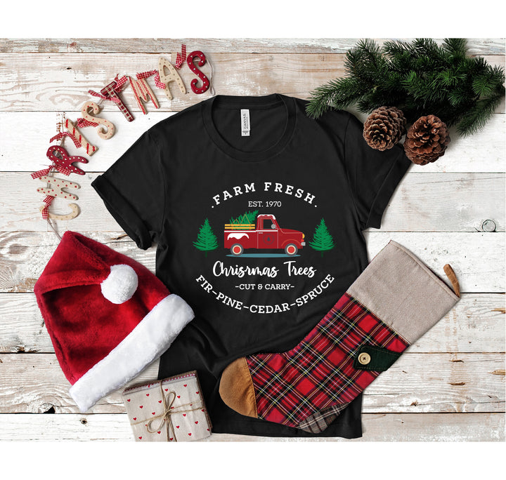 Farm Fresh Christmas Trees Red Truck Shirt | Vintage Christmas Family Tee