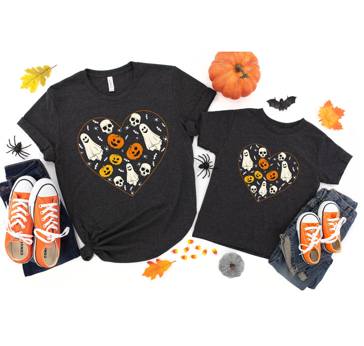 Kids Halloween Heart Shirt | Cute Ghost & Pumpkin | Funny Fall Costume Tee