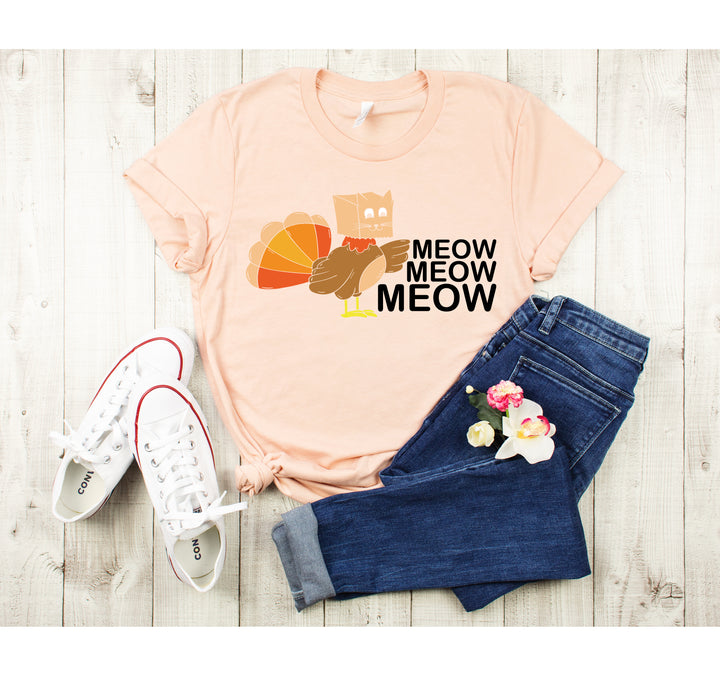 Meow Meow Funny Turkey Thanksgiving Shirt | Thanksgiving Cat Family Tee