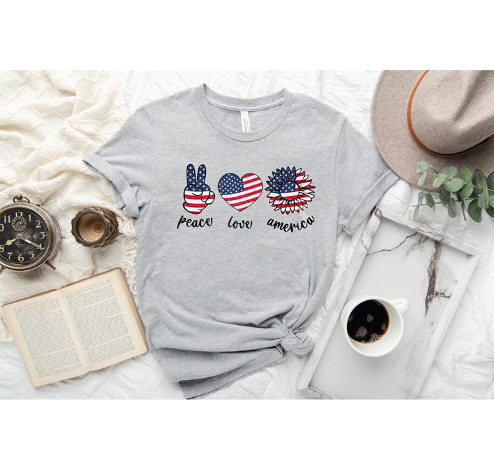 Peace Love America Shirt - USA Flag & Sunflower Patriotic 4th of July Tee