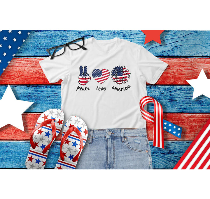 Peace Love America Shirt - USA Flag & Sunflower Patriotic 4th of July Tee