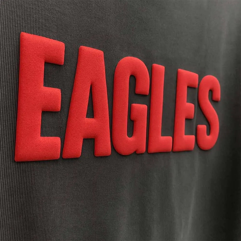 Sudadera personalizada con estampado abullonado, cuello redondo con nombre de equipo en relieve y sudadera con estampado abullonado de mascota escolar.