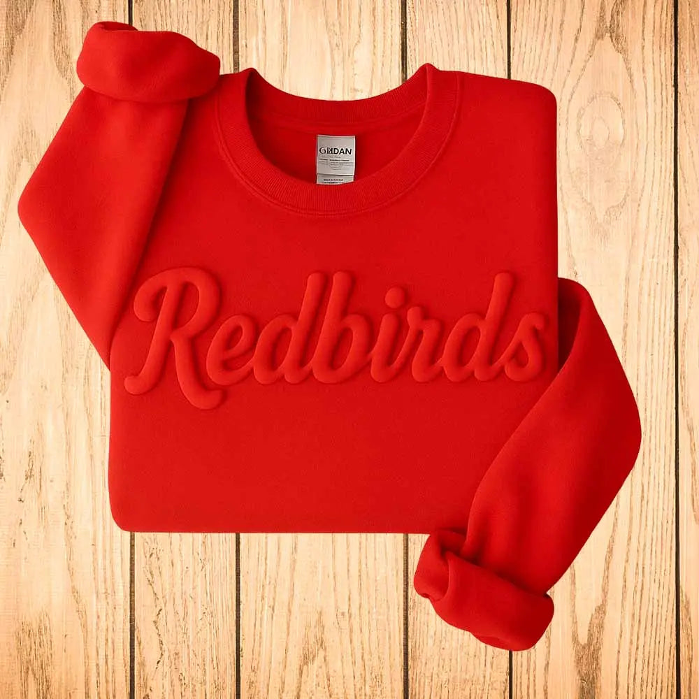 Sudadera personalizada con estampado abullonado, cuello redondo con nombre de equipo en relieve y sudadera con estampado abullonado de mascota escolar.