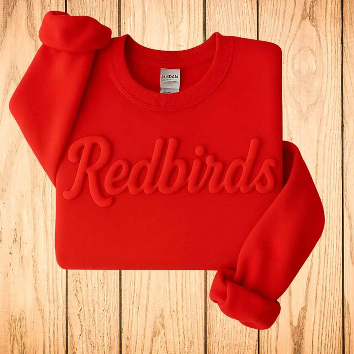 Sudadera personalizada con estampado abullonado, cuello redondo con nombre de equipo en relieve y sudadera con estampado abullonado de mascota escolar.