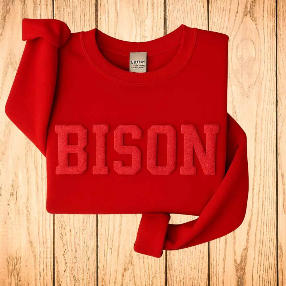 Sudadera personalizada con estampado abullonado, cuello redondo con nombre de equipo en relieve y sudadera con estampado abullonado de mascota escolar.