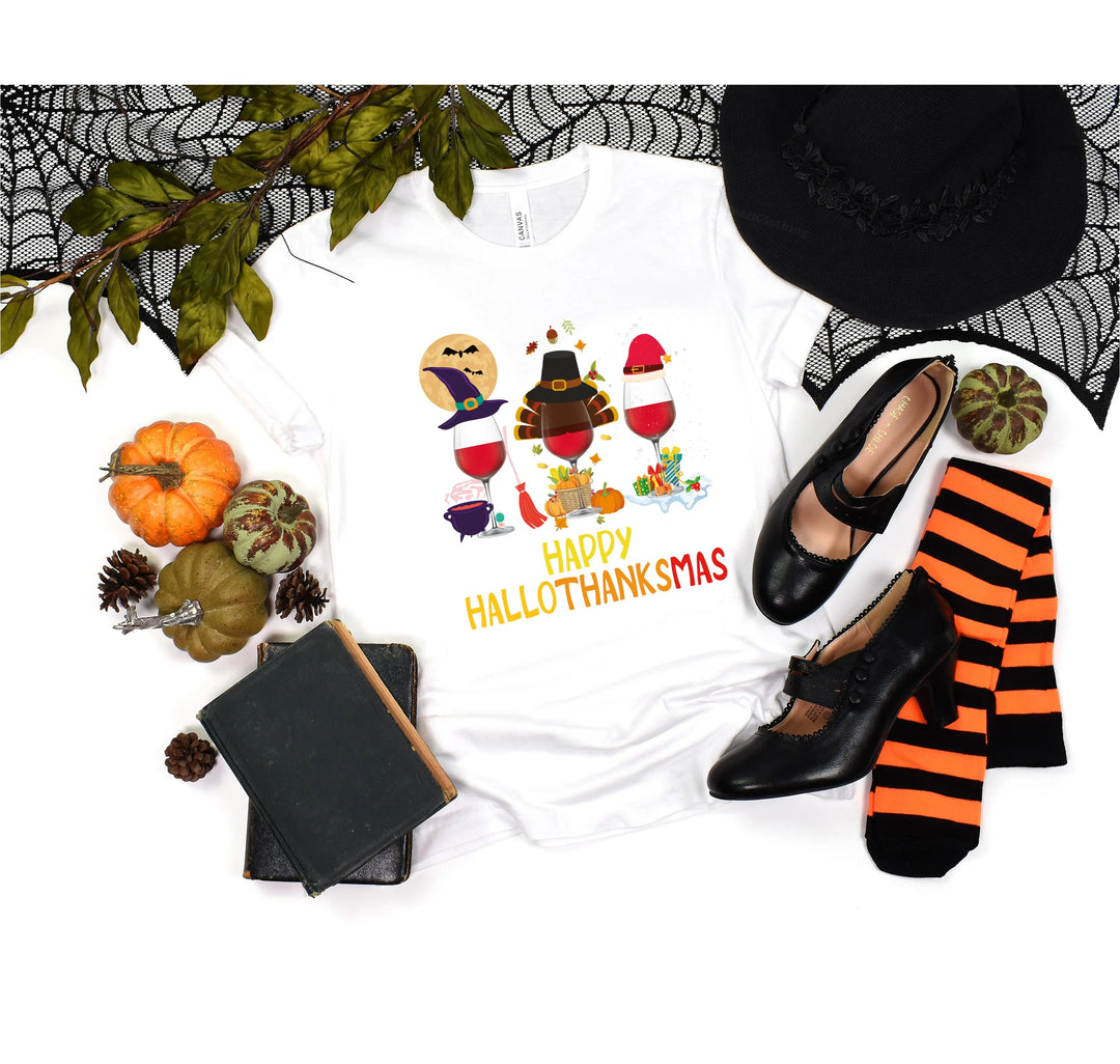 Happy HalloThanksMas Wine Shirt | Funny Holiday Shirt Shirtprintingcenter