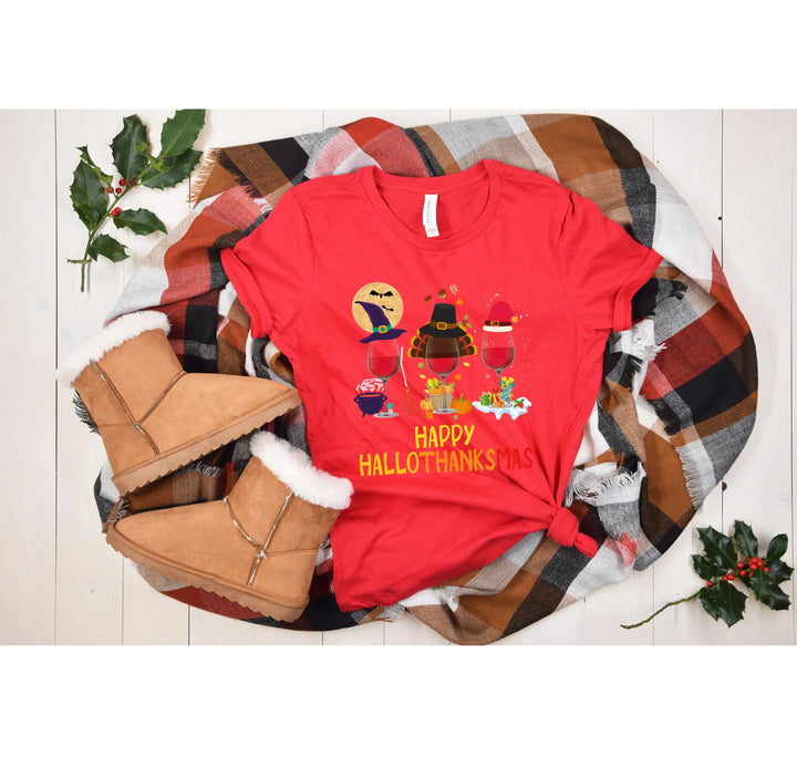 Happy HalloThanksMas Wine Shirt | Funny Holiday Shirt Shirtprintingcenter
