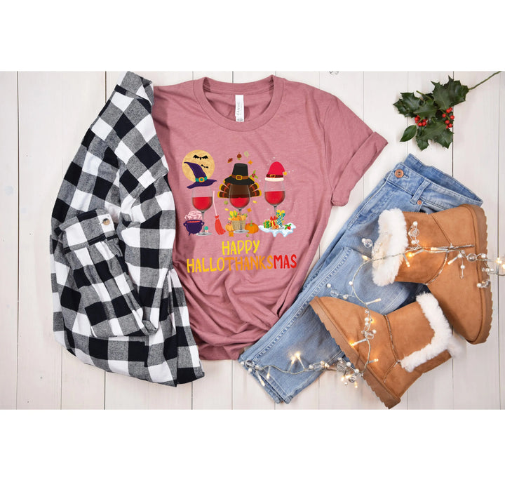 Happy HalloThanksMas Wine Shirt | Funny Holiday Shirt Shirtprintingcenter