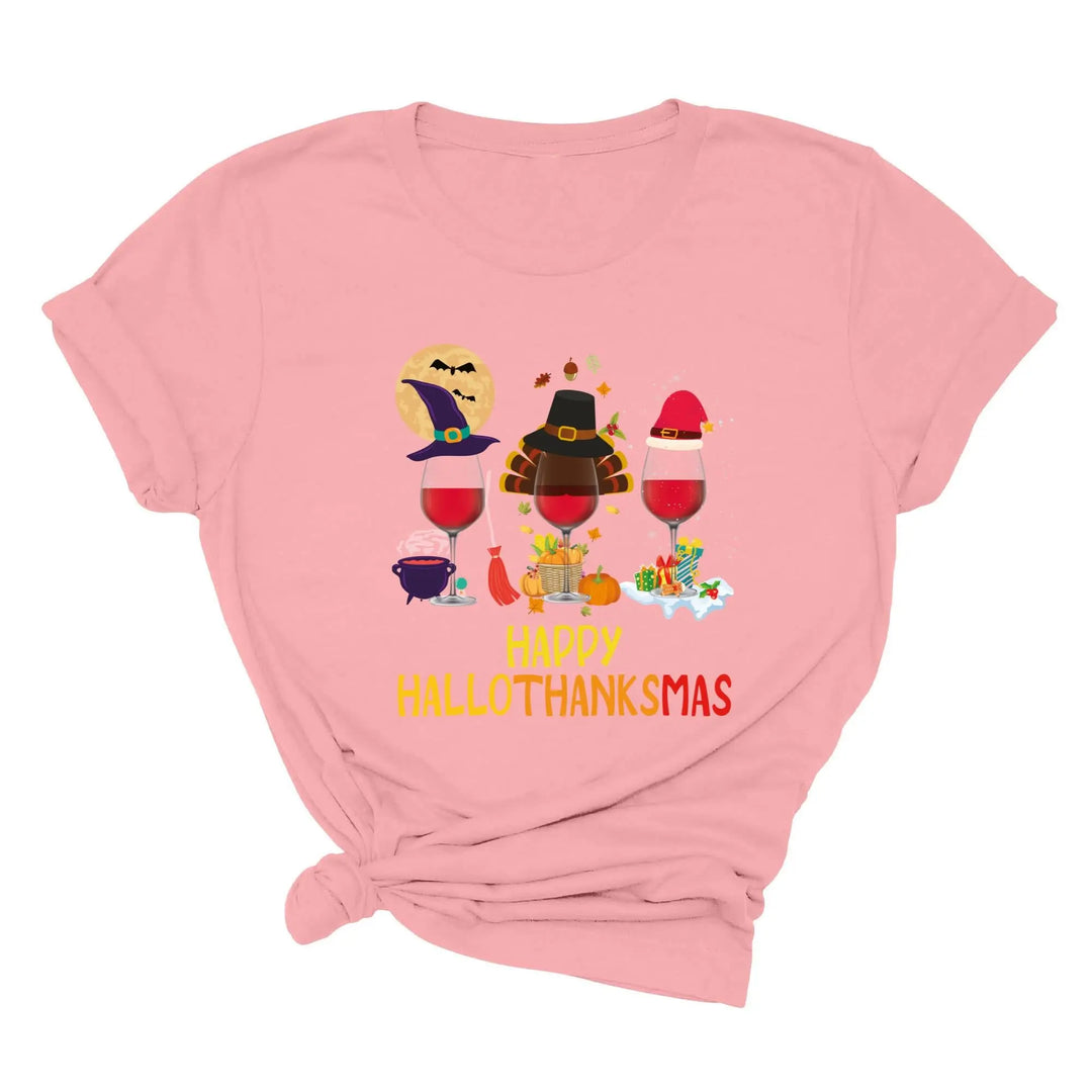 Happy HalloThanksMas Wine Shirt | Funny Holiday Shirt Shirtprintingcenter