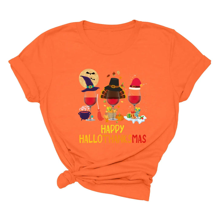 Happy HalloThanksMas Wine Shirt | Funny Holiday Shirt Shirtprintingcenter