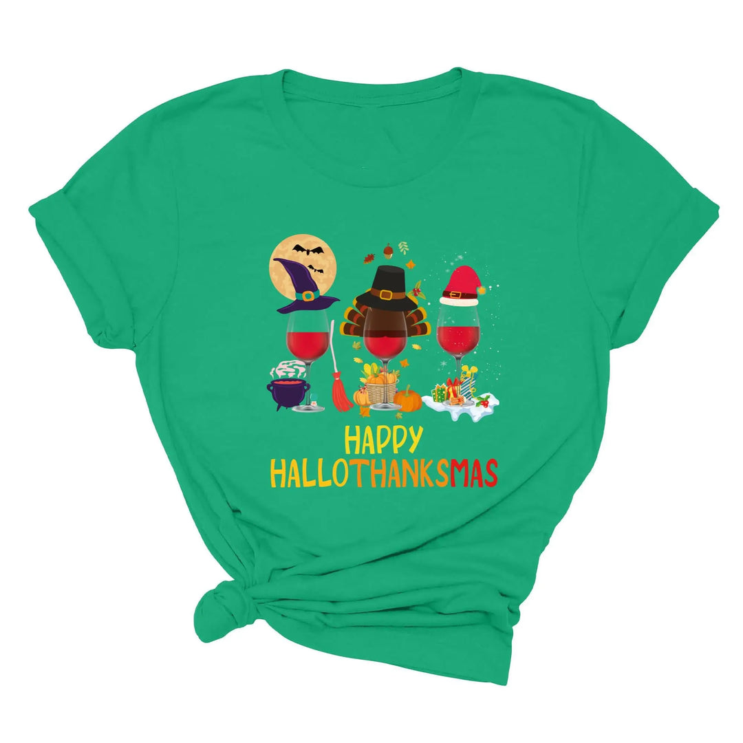 Happy HalloThanksMas Wine Shirt | Funny Holiday Shirt Shirtprintingcenter