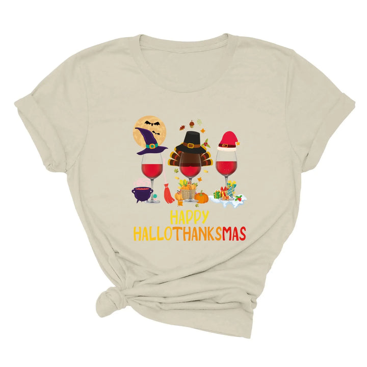 Happy HalloThanksMas Wine Shirt | Funny Holiday Shirt Shirtprintingcenter