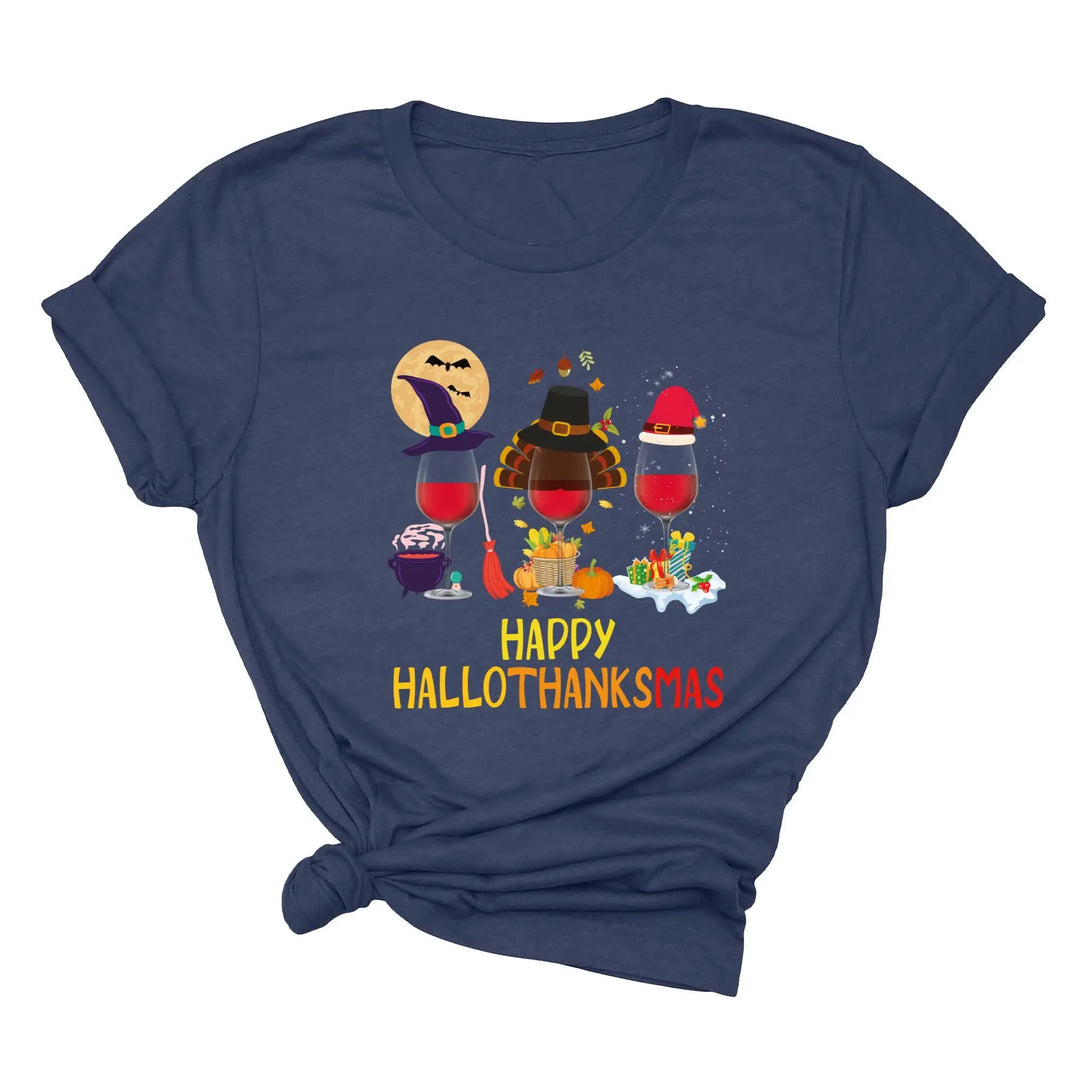 Happy HalloThanksMas Wine Shirt | Funny Holiday Shirt Shirtprintingcenter