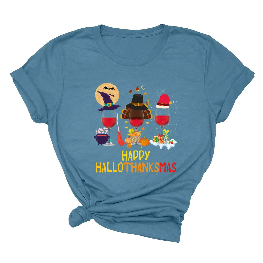 Happy HalloThanksMas Wine Shirt | Funny Holiday Shirt Shirtprintingcenter