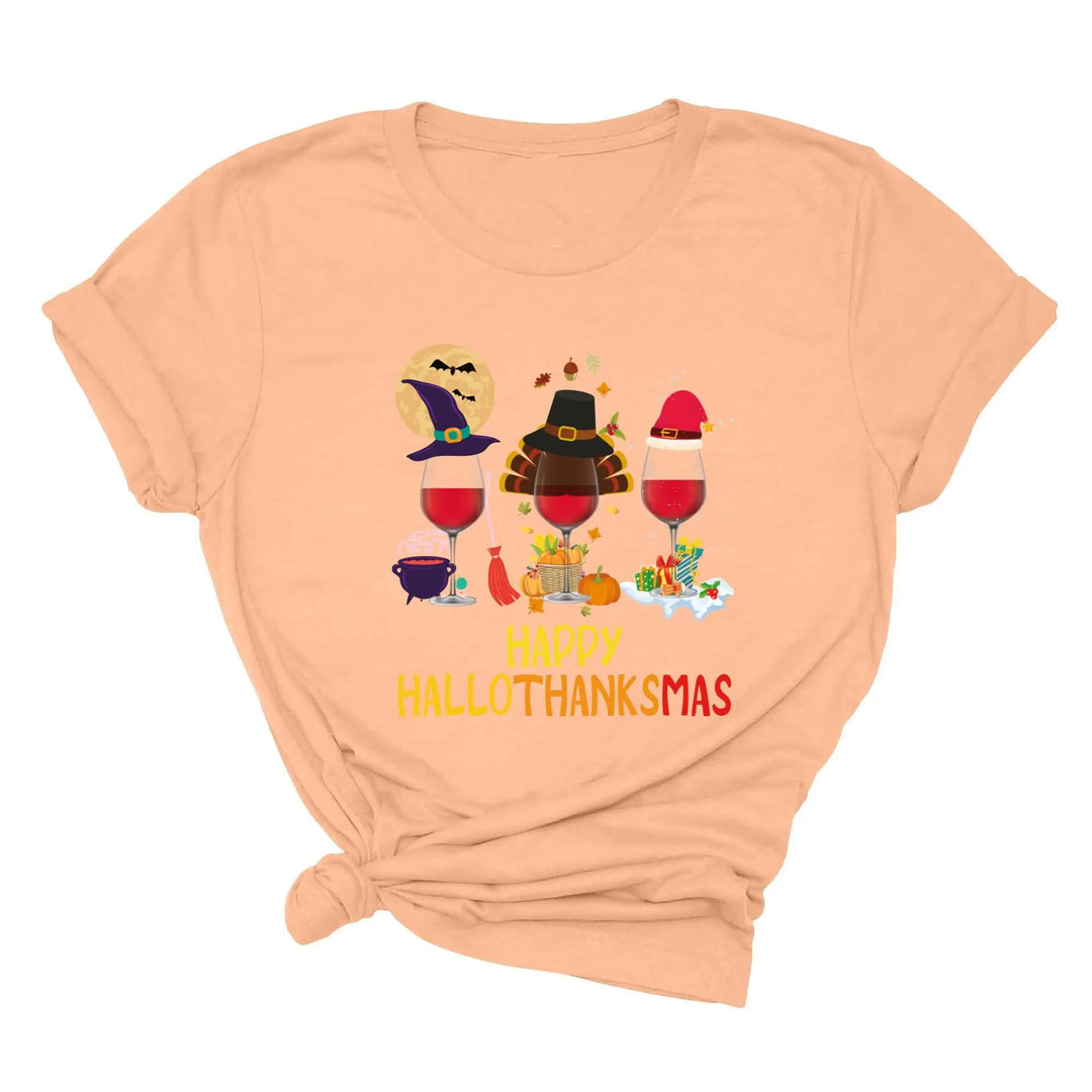 Happy HalloThanksMas Wine Shirt | Funny Holiday Shirt Shirtprintingcenter