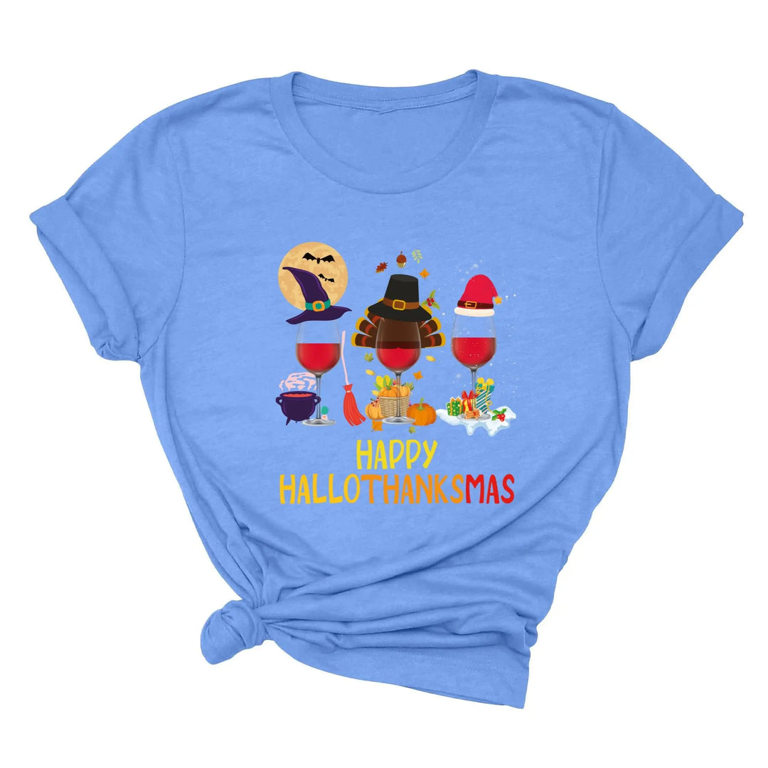 Happy HalloThanksMas Wine Shirt | Funny Holiday Shirt Shirtprintingcenter