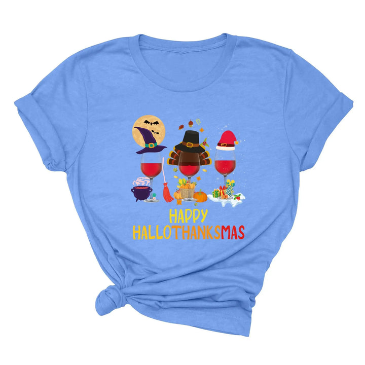 Happy HalloThanksMas Wine Shirt | Funny Holiday Shirt Shirtprintingcenter
