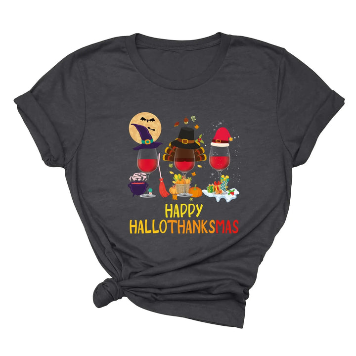 Happy HalloThanksMas Wine Shirt | Funny Holiday Shirt Shirtprintingcenter