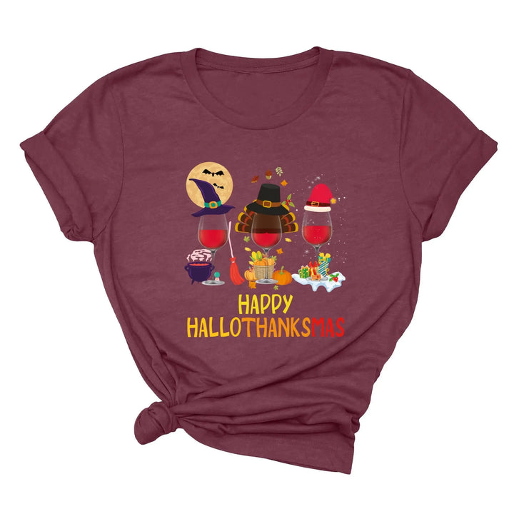 Happy HalloThanksMas Wine Shirt | Funny Holiday Shirt Shirtprintingcenter