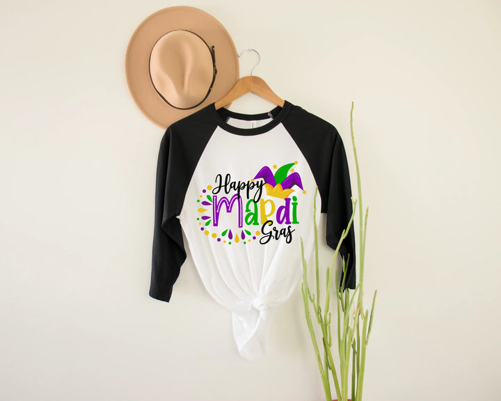 Happy Mardi Gras Beads Fun Unisex Tee Raglan shirt, Mardi Gras Raglan, New Orleans Tee, Mardi Gras Party Carnival Raglan Shirtprintingcenter