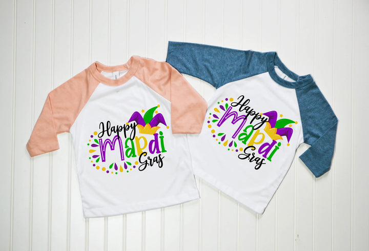 Happy Mardi Gras Beads Fun Unisex Tee Raglan shirt, Mardi Gras Raglan, New Orleans Tee, Mardi Gras Party Carnival Raglan Shirtprintingcenter