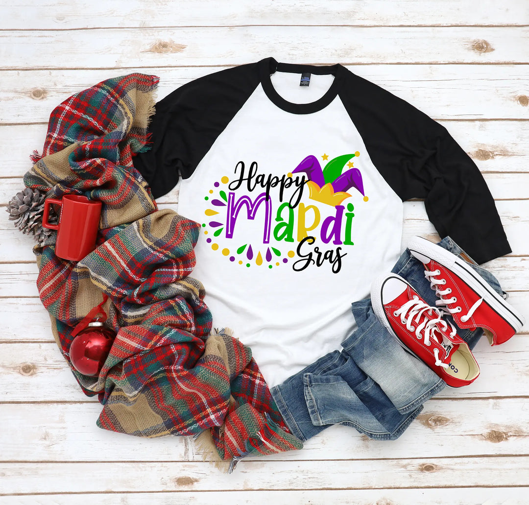 Happy Mardi Gras Beads Fun Unisex Tee Raglan shirt, Mardi Gras Raglan, New Orleans Tee, Mardi Gras Party Carnival Raglan Shirtprintingcenter