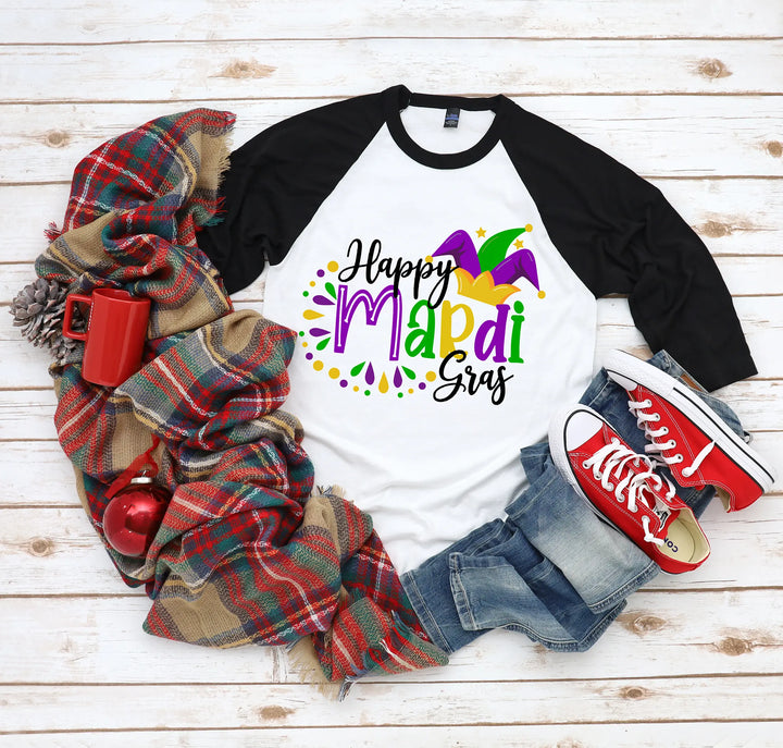 Happy Mardi Gras Beads Fun Unisex Tee Raglan shirt, Mardi Gras Raglan, New Orleans Tee, Mardi Gras Party Carnival Raglan Shirtprintingcenter