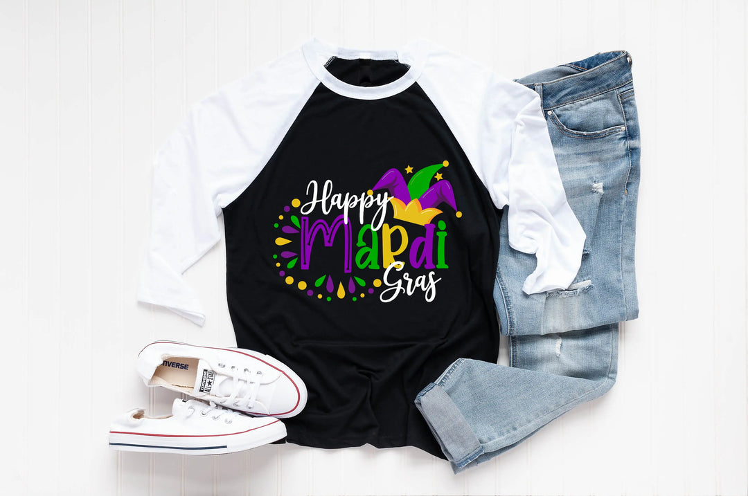Happy Mardi Gras Beads Fun Unisex Tee Raglan shirt, Mardi Gras Raglan, New Orleans Tee, Mardi Gras Party Carnival Raglan Shirtprintingcenter