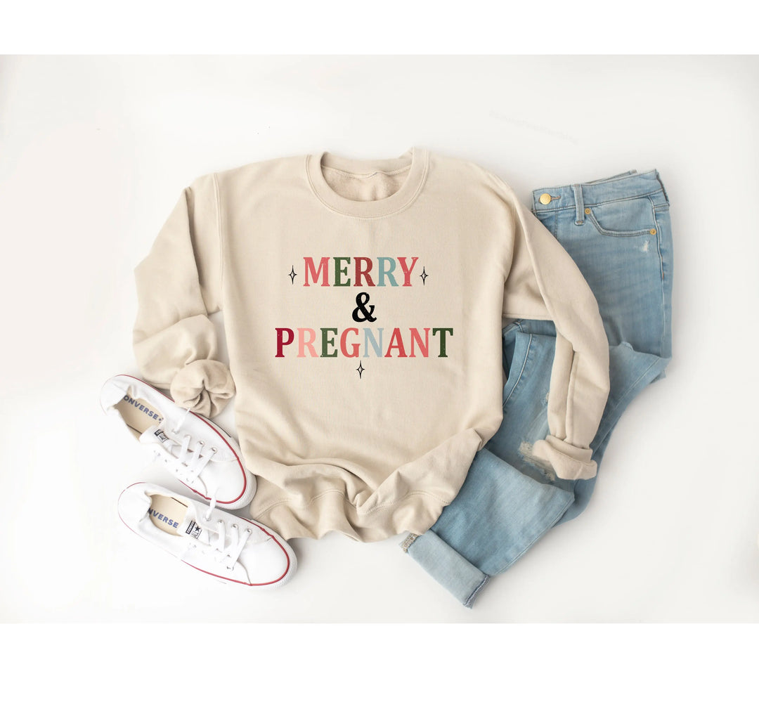 Merry & Pregnant Christmas Sweatshirt - Couples & Announcement Tee Shirtprintingcenter