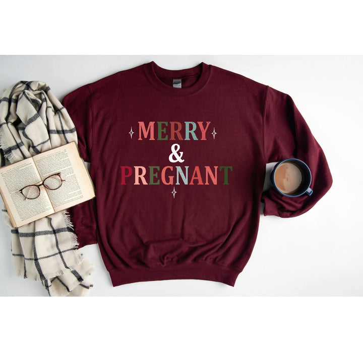 Merry & Pregnant Christmas Sweatshirt - Couples & Announcement Tee Shirtprintingcenter