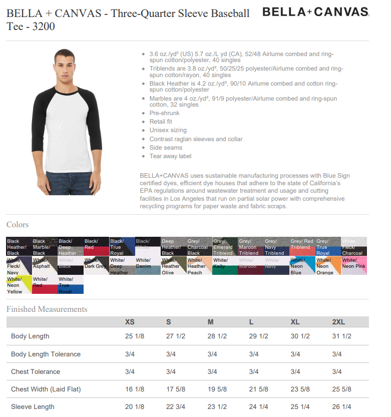 Bella + Canvas Sleeve 3200 Unisex, Youth, Toddler 3/4-Baseball T-Shirt, Raglan Tshirt
