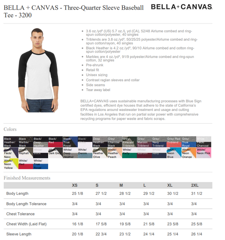 Bella + Canvas Sleeve 3200 Unisex, Youth, Toddler 3/4-Baseball T-Shirt, Raglan Tshirt
