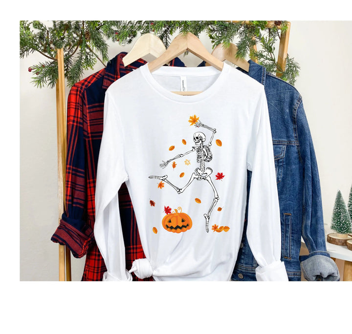 Camiseta de manga larga con diseño de esqueleto y calabaza otoñal para mujer, ideal para Halloween y Acción de Gracias.