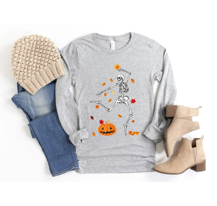 Camiseta de manga larga con diseño de esqueleto y calabaza otoñal para mujer, ideal para Halloween y Acción de Gracias.