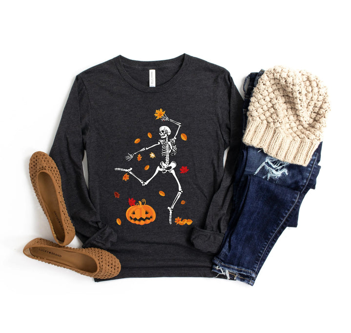 Camiseta de manga larga con diseño de esqueleto y calabaza otoñal para mujer, ideal para Halloween y Acción de Gracias.