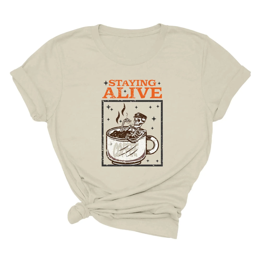Trendy Coffee Shirt | Staying Alive Skeleton Coffee Tee Shirtprintingcenter